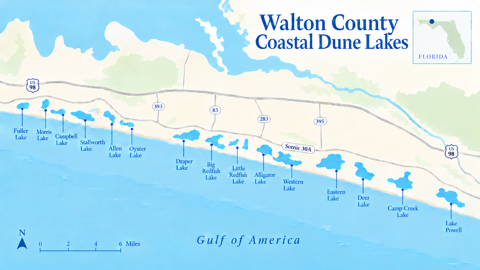 Illustrated map of Walton County’s coastal dune lakes, from Fuller Lake in the west to Lake Powell in the east.