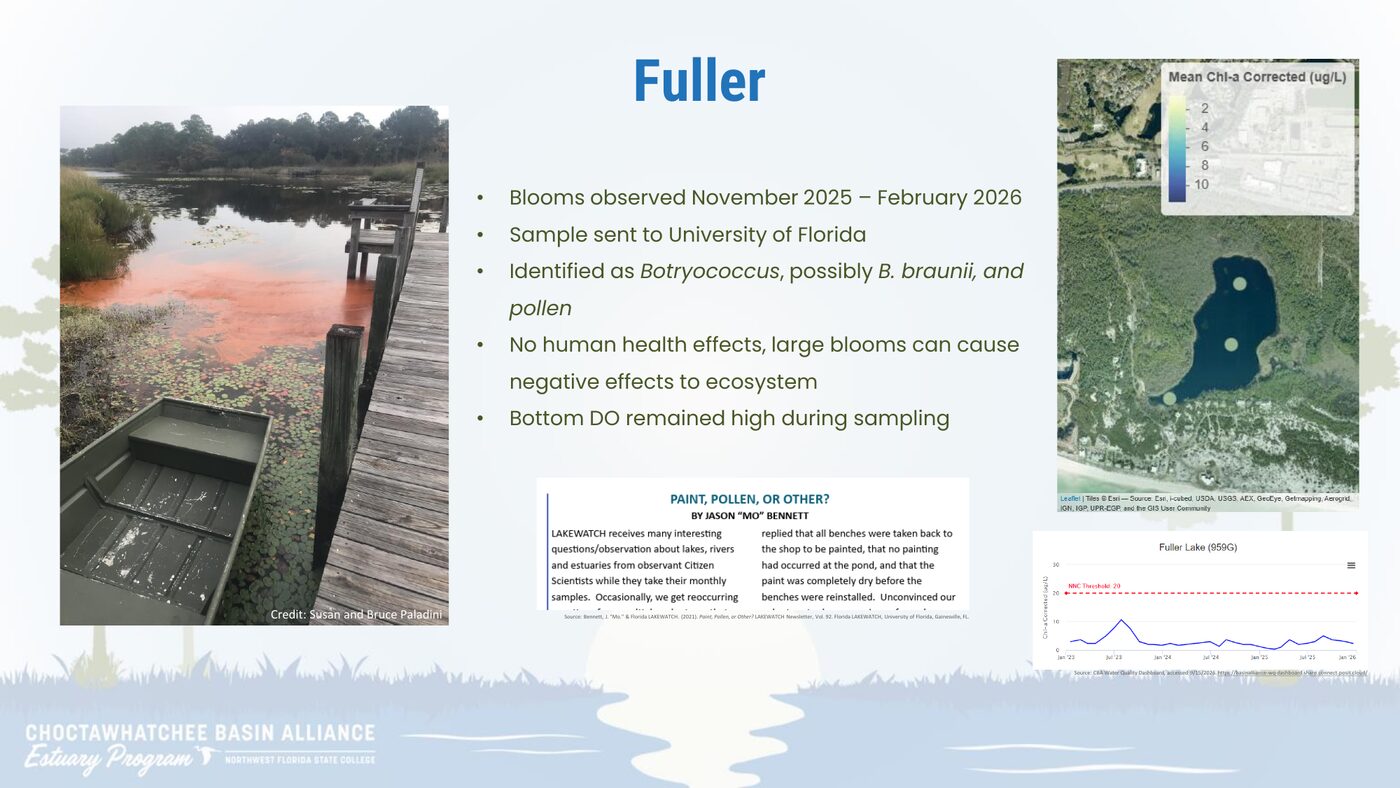 Orange bloom on Fuller Lake, with notes identifying Botryococcus and pollen. Photo credit Susan and Bruce Paladini.